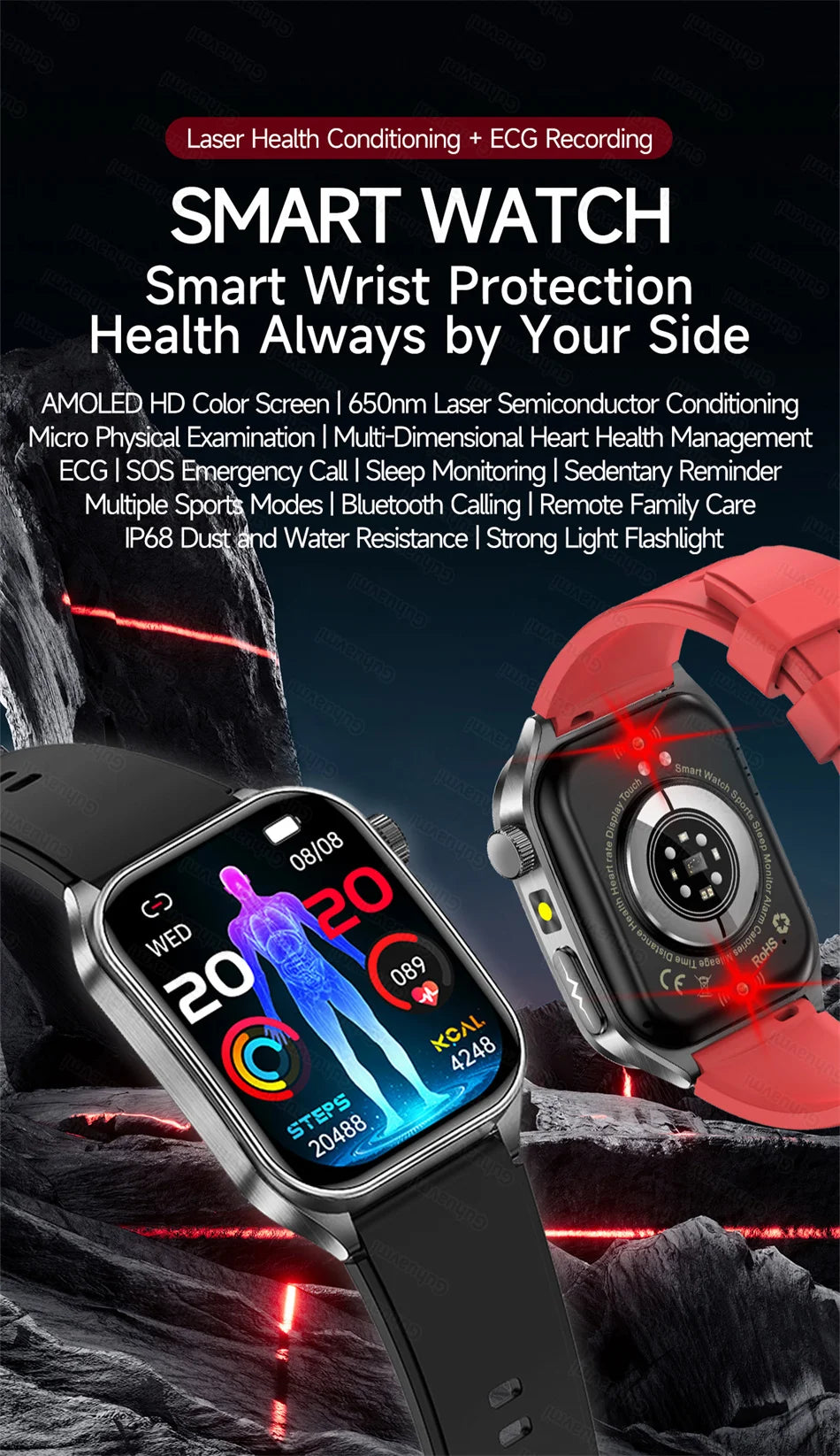 Smart Watch 650nm Dual probe laser health conditioning Blood oxygen Pressure Uric Acid Blood lipid ECG Smartwatch for Man Women