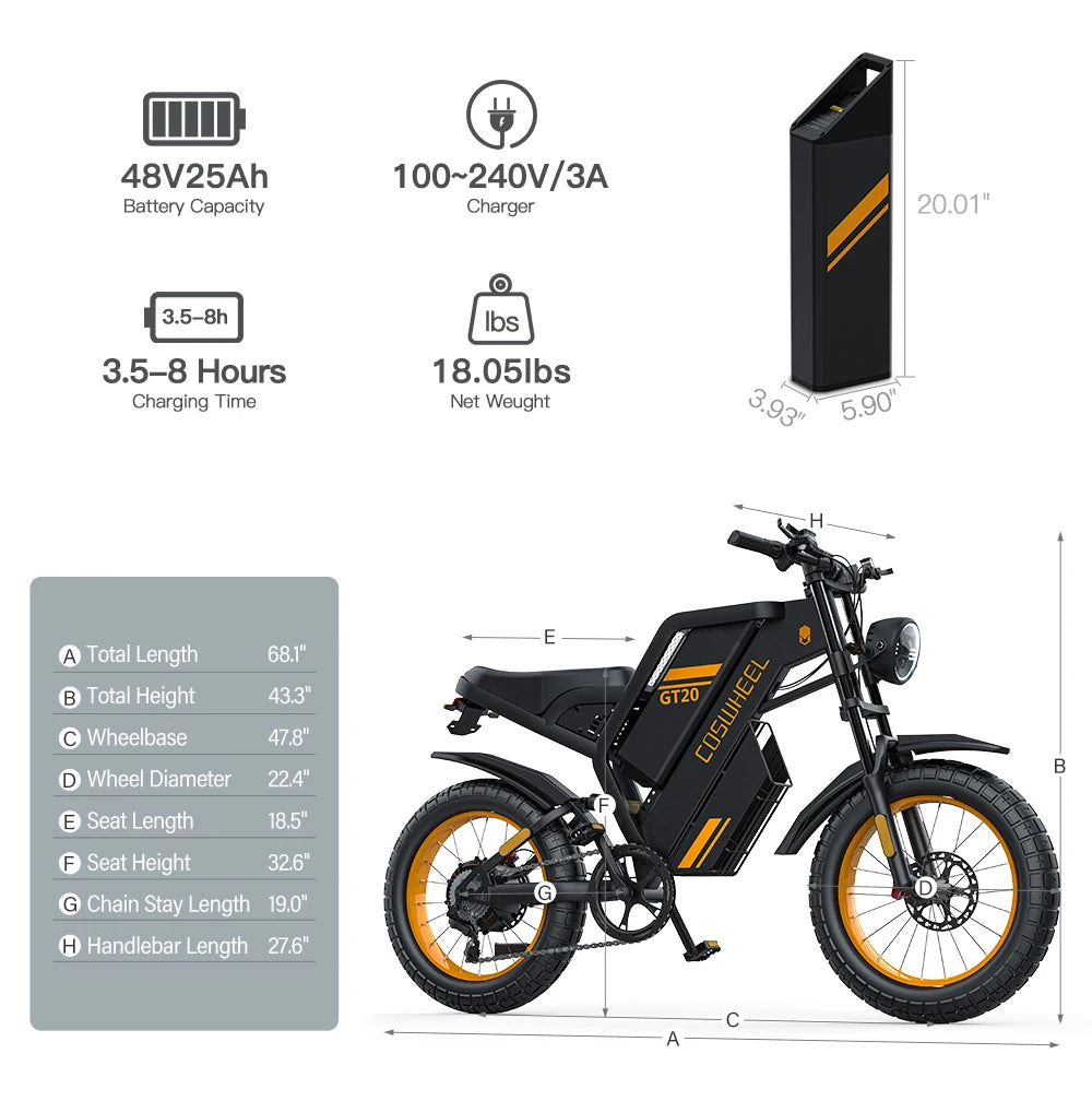 Coswheel Electric bike for Adult 2000W 60V Off-Road Motorcycle Mountain Bikes 20Inch Electric bike Fatbike Motorcycles ebike