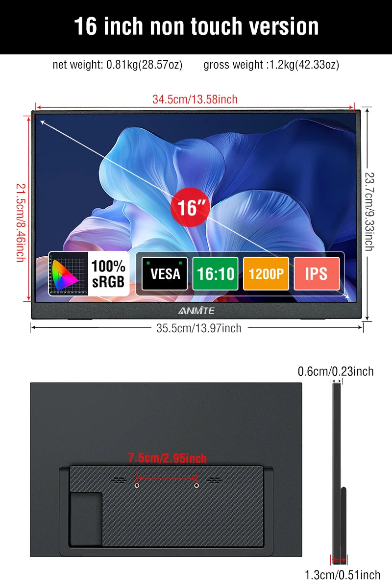 Anmite 14/16-Inch Portable Touch Monitor 1200P HDR 16:10 Low Blue Light For XBox PS4 / 5 Switch Cell Phone PC Loptop Extension