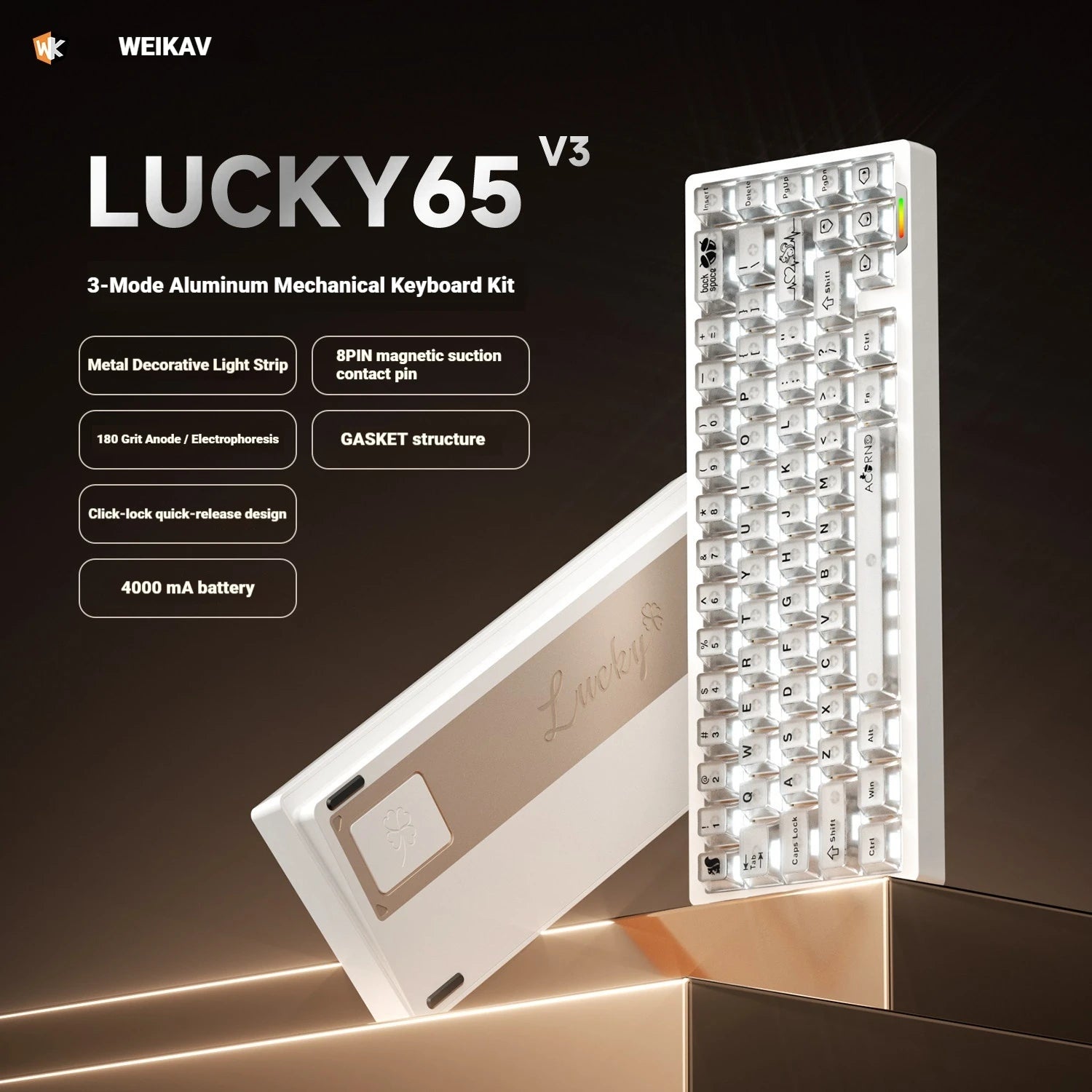 WEIKAV lucky65 V3 Gaming Keyboard Wireless Aluminum Alloy RGB Tri-mode Bluetooth Mechanical Keyboard CNC Gasket Quick Release