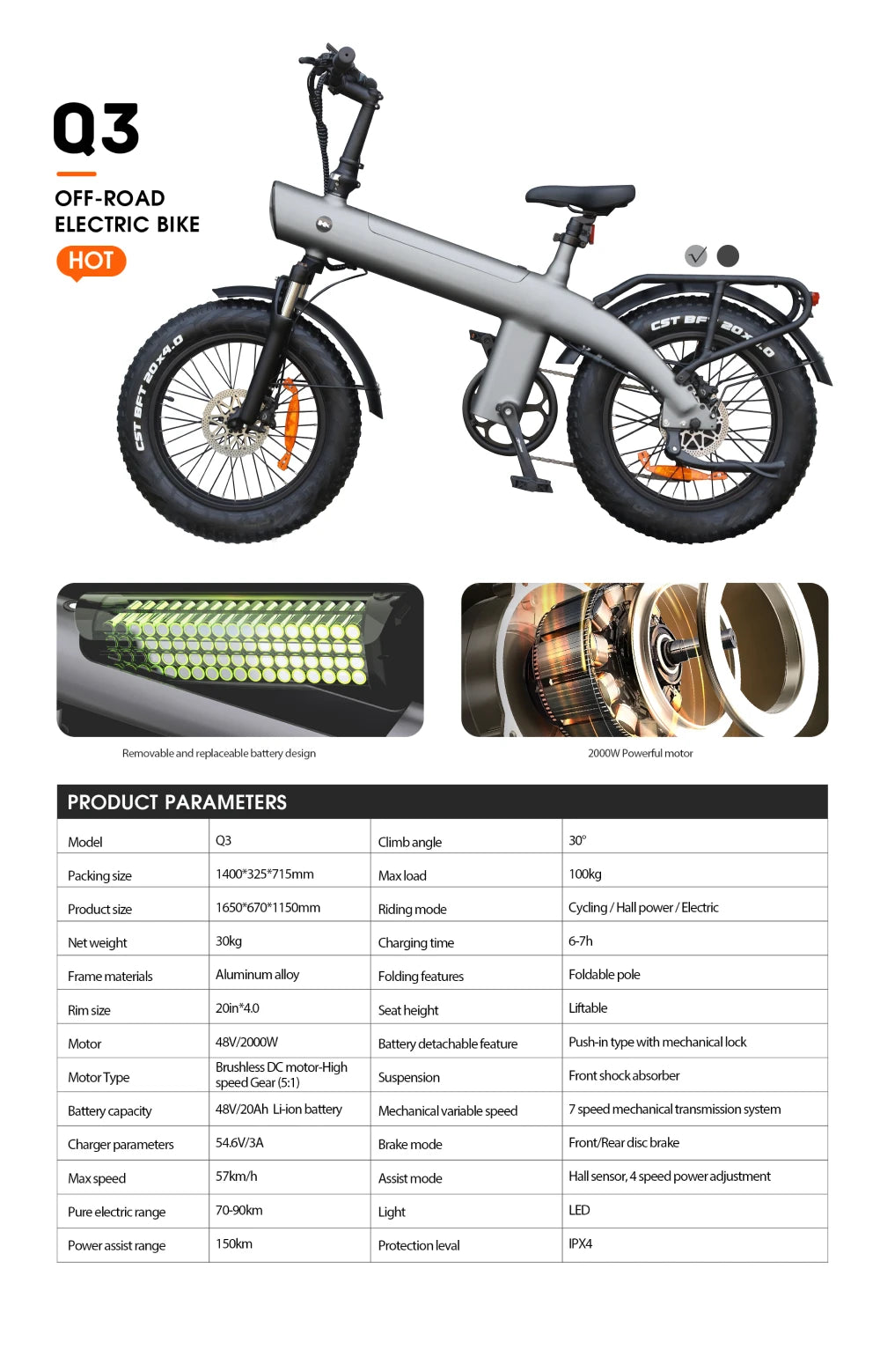 HUANCI Q3 Mountain electric bike 2000W 57KM/H electric dirt bike 48V 20AH Electric bicycle Ebike 20Inch fat tire Off-Road e bike