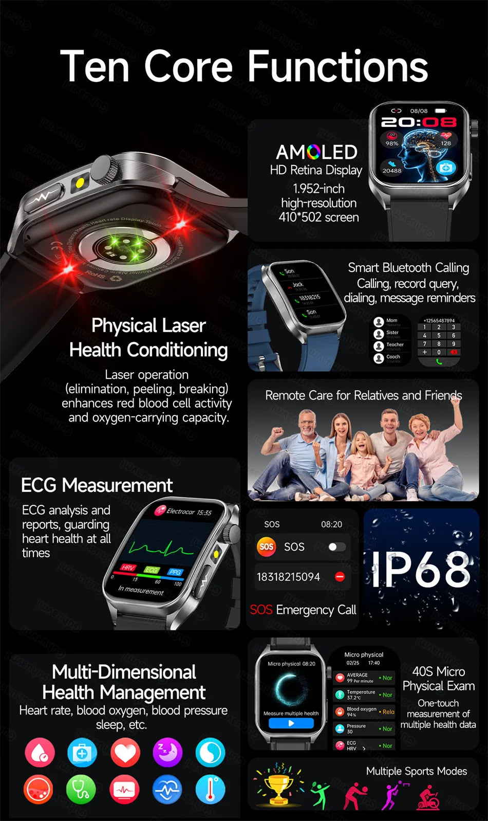 Smart Watch 650nm Dual probe laser health conditioning Blood oxygen Pressure Uric Acid Blood lipid ECG Smartwatch for Man Women