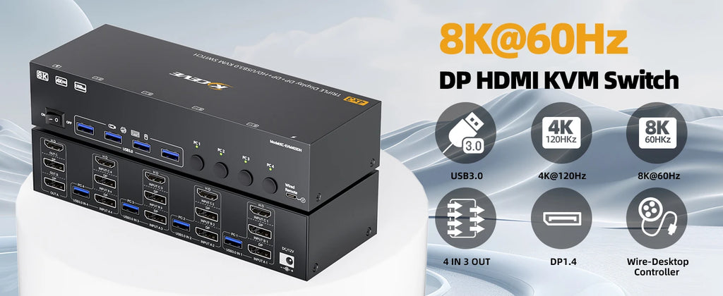 KVM Switch 3 Monitors 4 Computers 4K@60Hz 4K144Hz 8K260Hz,USB 3.0 HDMI Displayport KVM Switch Triple Monitor for Keyboard Mouse