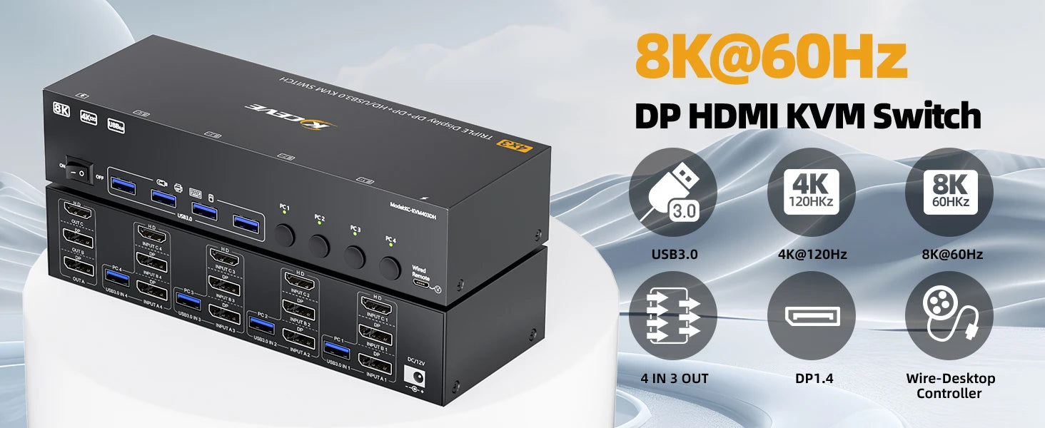 KVM Switch 3 Monitors 4 Computers 4K@60Hz 4K144Hz 8K260Hz,USB 3.0 HDMI Displayport KVM Switch Triple Monitor for Keyboard Mouse