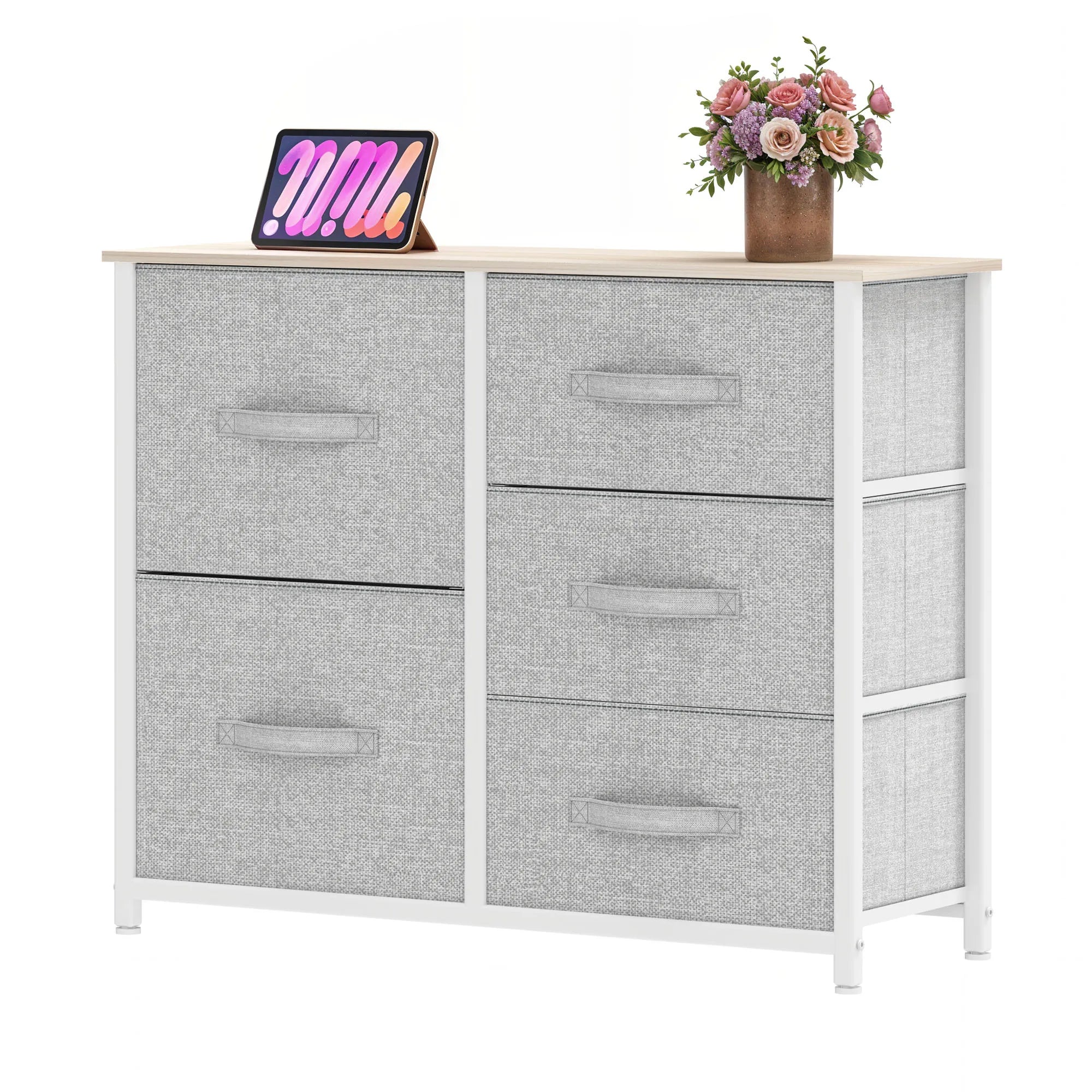 YITAHOME 5-Drawer Fabric Dresser - Steel Frame & Wood Top w/Easy-Pull Bins, for Bedroom, Living Room, Nursery (Cool Gray)