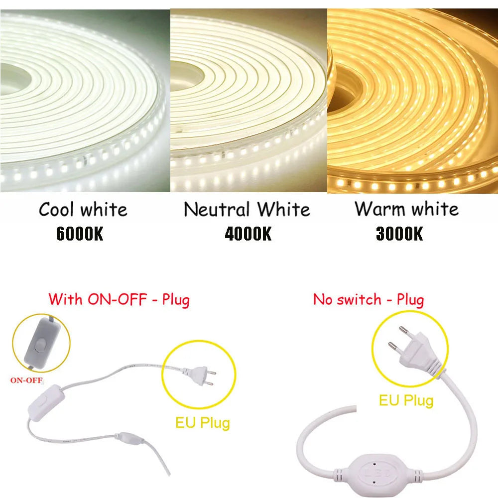 LED Strips Light 220V SMD2835 IP67 Waterproof Flexible Rope Lamp 120Leds/M High Brightness Outdoor Indoor Tape Decor EU Plug