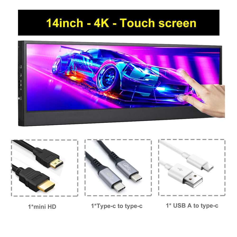 Wisecoco 14" 4K 3840 x 1100 Touch Screen Monitor IPS Secondary Bar Display HDMI for PC Laptop Phone Aida64 CPU GPU Monitoring