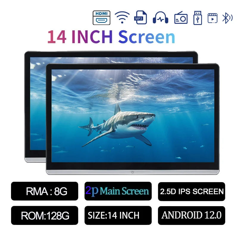 13.3/14" Car Headrest Monitor Display IPS Android 12 2G+32G/4G+64G/8G+128G Touch Screen For Car Rear Seat Player Dual HDMI Music