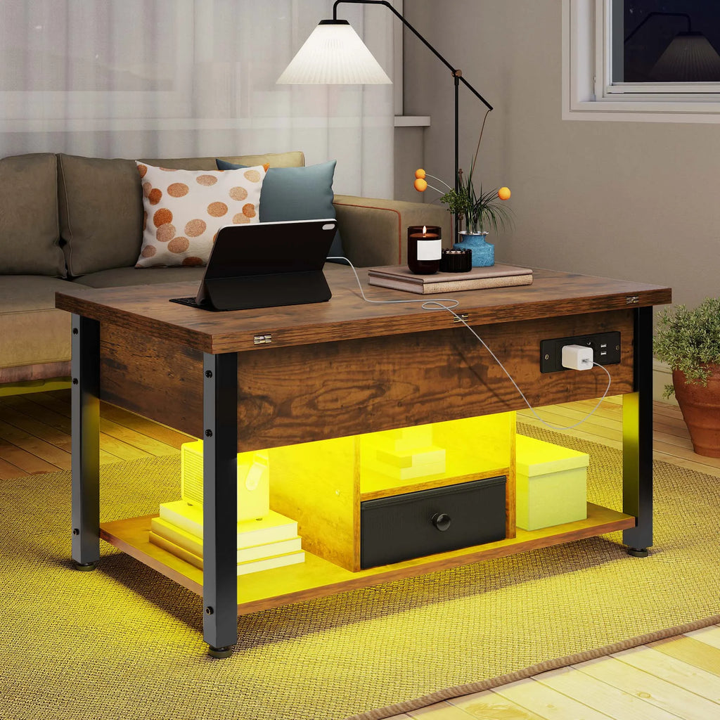 YITAHOME Vintage Brown 4-in-1 Coffee Table - Adjustable Height, Converts to Dining Table with Storage & LED Lighting