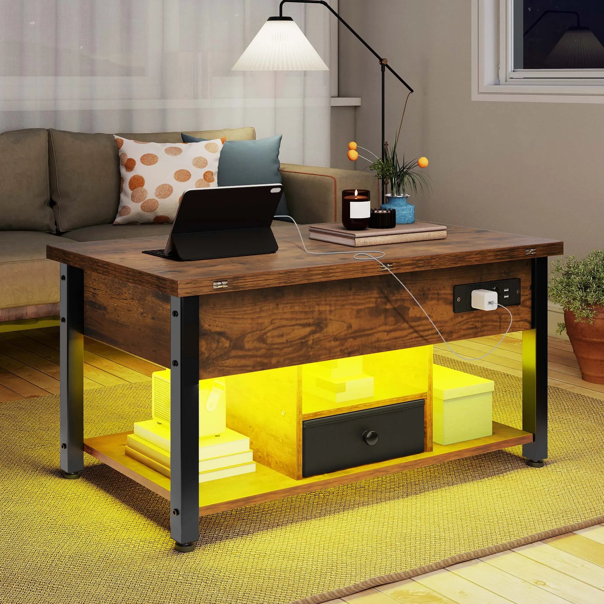 YITAHOME Vintage Brown 4-in-1 Coffee Table - Adjustable Height, Converts to Dining Table with Storage & LED Lighting