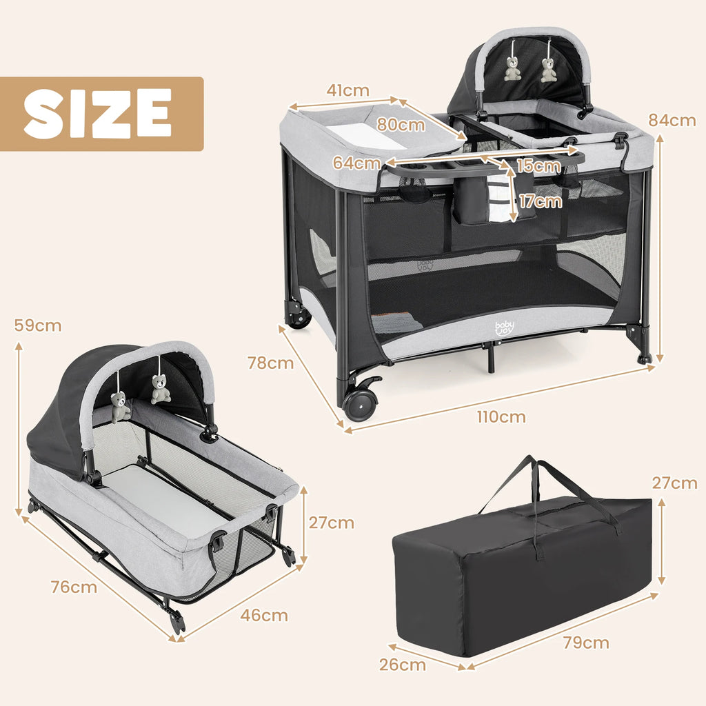 5-in-1 Side Bed with Wheels, Foldable Travel Cot with Mattress, 2 Levels Cot with Changing Mat & Storage Basket