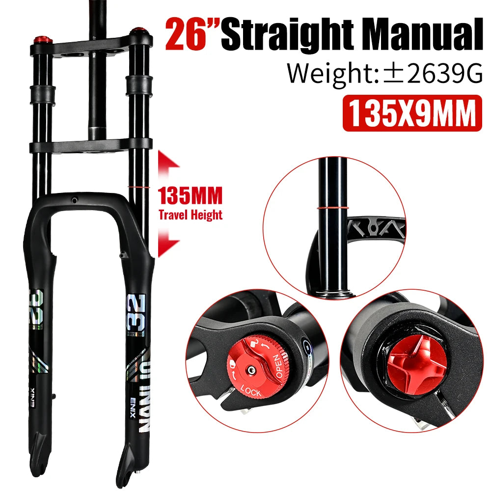 Nanlio Double Shoulder Snow Fork 20/26x4.0 Inch Fat Tire Air Suspension34mm Tube 135mm Hub Width for E-Bike MTB Electric Bicycle