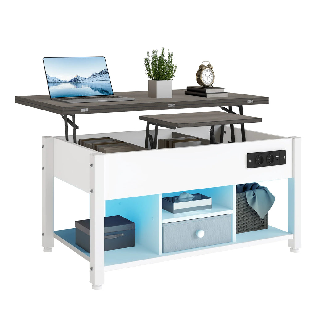 YITAHOME White & Grey 4-in-1 Coffee Table - Adjustable Height, Converts to Dining Table with Storage & LED Lighting