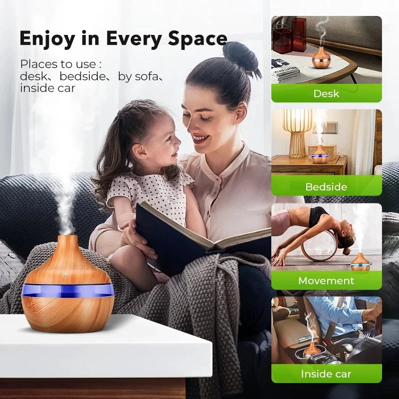 300ml High Quality Aromatherapy Essential Oil Diffuser Wood Grain Remote Control Ultrasonic Air Humidifier with 7 Colors Light