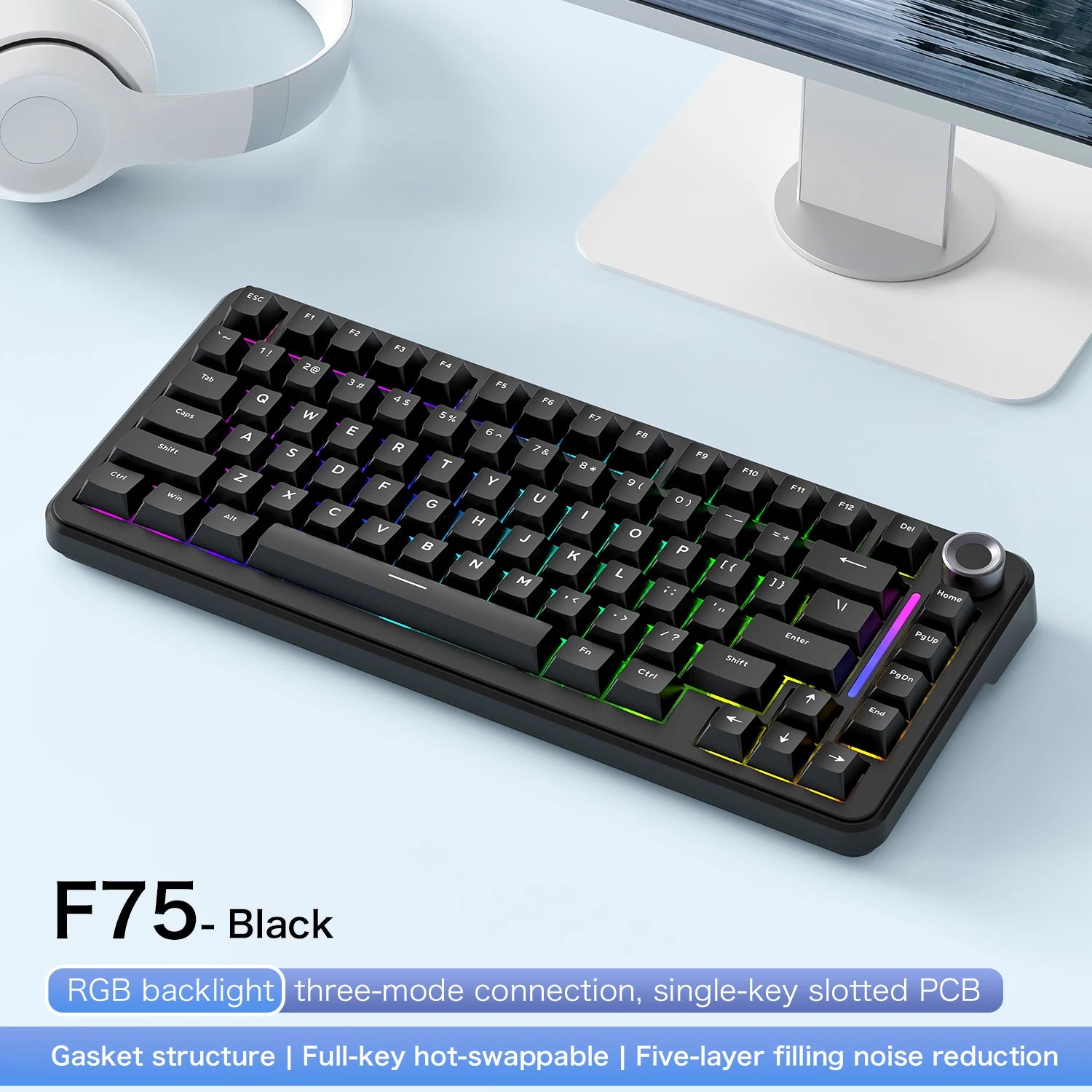 F75 Gaming Mechanical Keyboard, 2.4G Wireless/Bluetooth/Wired ,RGB Customized, Gasket Structure,Windows/Macos/Linux