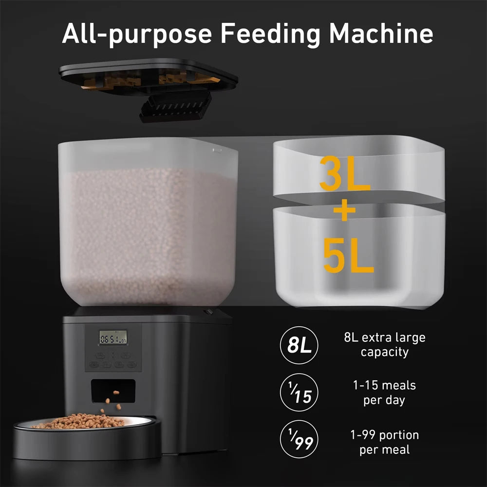 FURPIPI Smart 8L Automatic Pet Feeder with Timer USB & Battery Powered Slow Feed Dispenser for Cats and Dogs No Plug Included