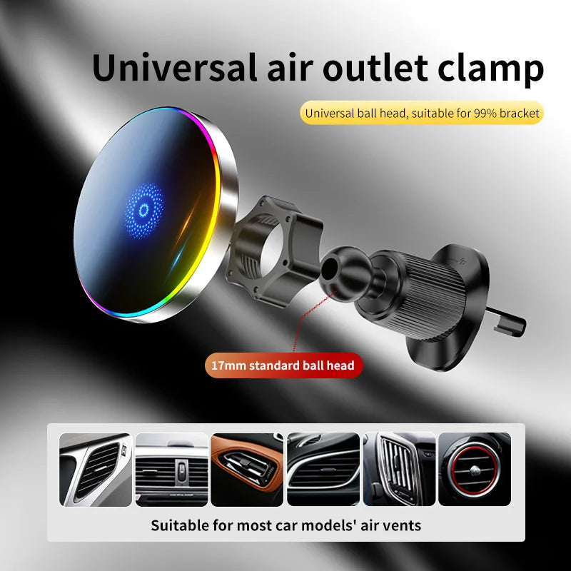 Car Magnetic Phone Holder Magnetic Wireless Car Charger Mount 15W Magnetic RGB LED Lights Magsafe Charger Base Accessories Phone