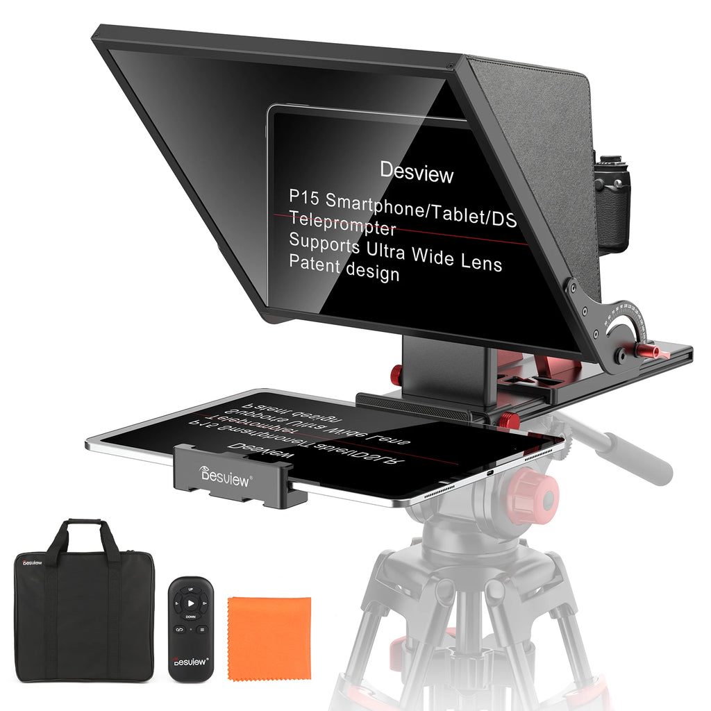 Desview P15 Teleprompter 15 inch Aluminum Alloy Teleprompter, High Display Glass for iPad Tablet Phone DSLR Camera No Assembly