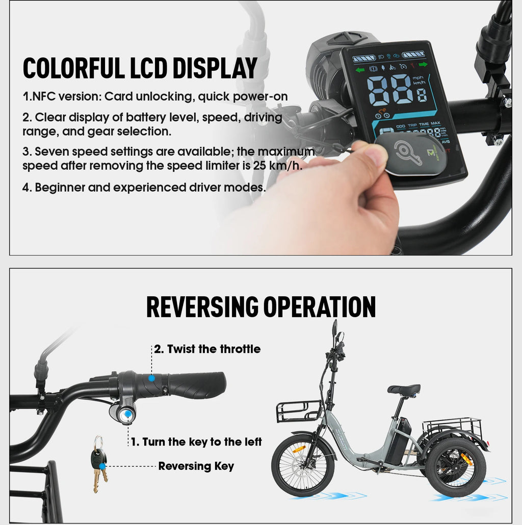 Electric Tricycle 750W Motor 48V 20AH Remover lithium Battery Foldable 3 Wheel Electric Bike 16 Inch Fat Tire 100km Ebike