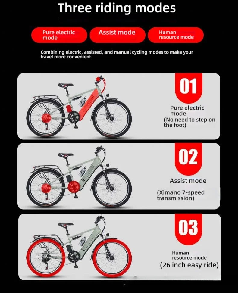 Ebike 400W motor 48V 30AH lithium battery 26-inch tire electric bicycle, urban commuting and transportation adult electric bike