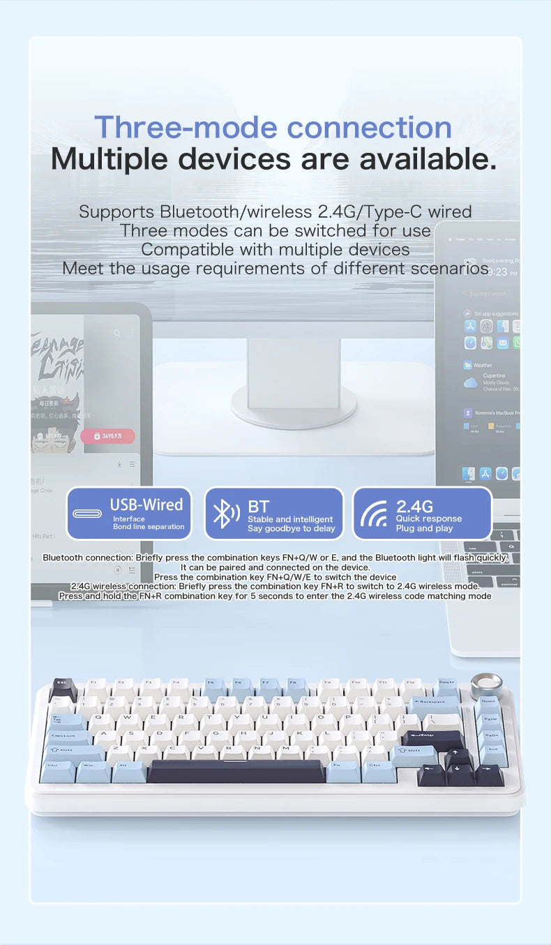 F75 Gaming Mechanical Keyboard, 2.4G Wireless/Bluetooth/Wired ,RGB Customized, Gasket Structure,Windows/Macos/Linux