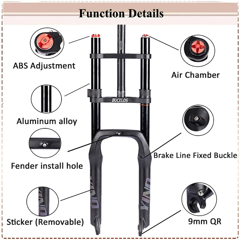 BUCKLOS Snow Fat Bike Fork 20*4.0 Inch / 26*4.0 Inch Air Suspension Fork Travel 180mm Double Shoulder E-Bike Fork Bicycle Parts