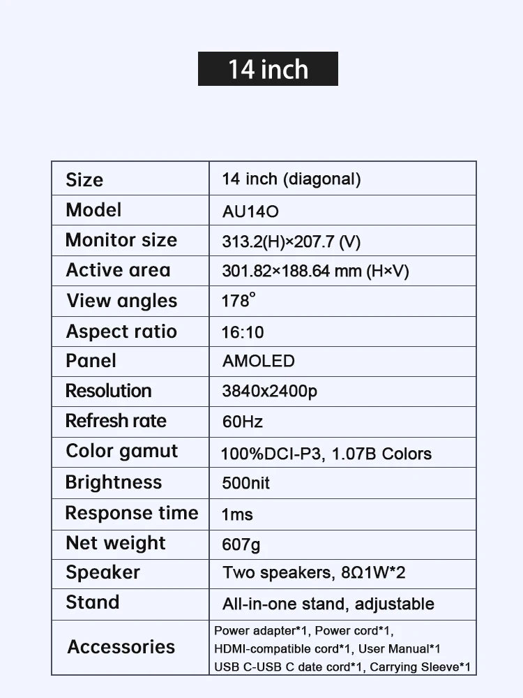 14'' 4K OLED Portable Monitor 16:10 3840*2400p 500Nits USB-C HDMI-Compatible External Gaming Monitor for PS5 Switch Laptop MacOS