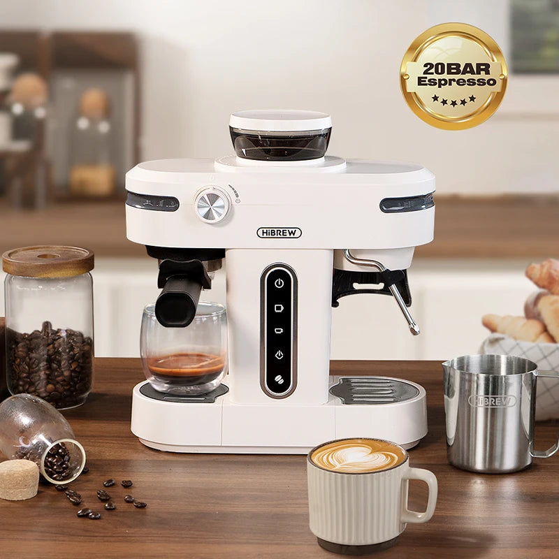 HiBREW 20 Bar Semi Automatic Espresso Coffee Maker With Grinder Bean For Cappuccino and Latte Milk Frothing System Machine H14
