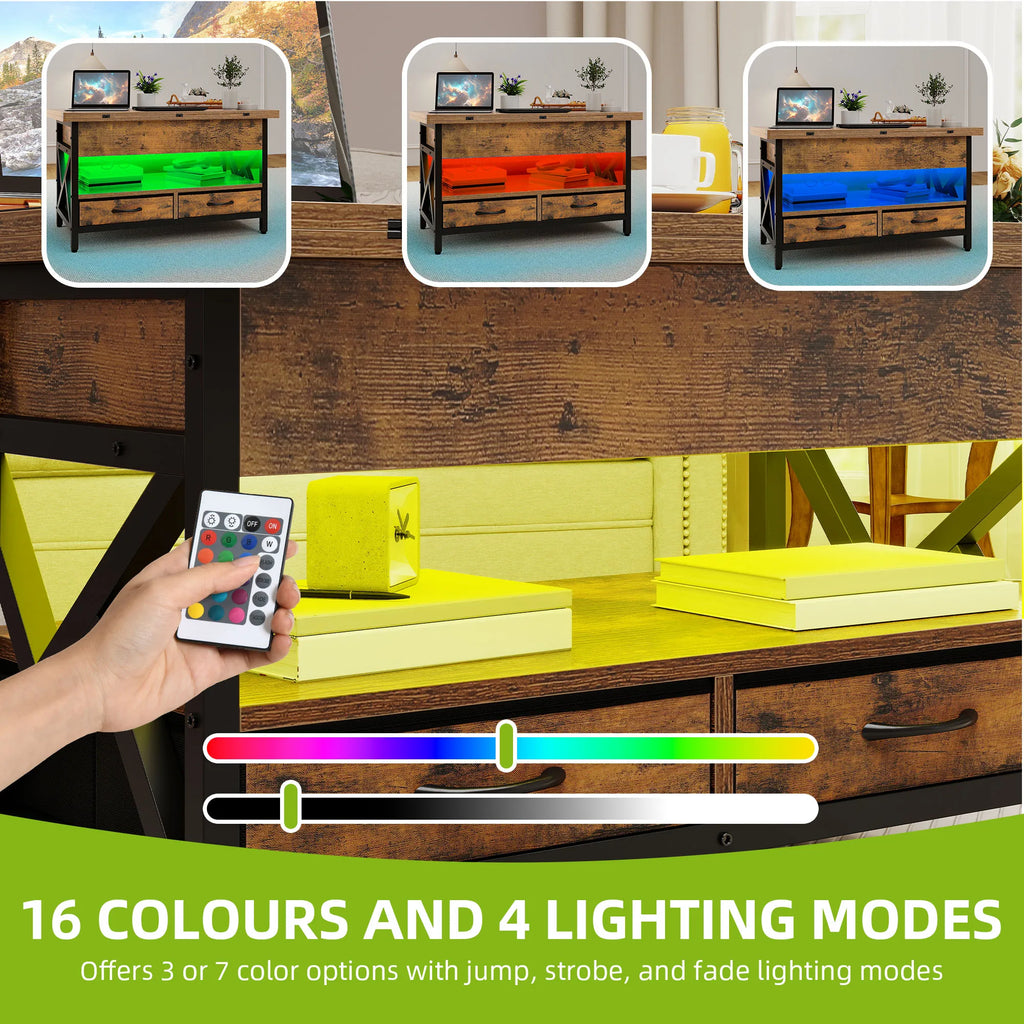 Balconera Lift-Top Coffee Table with Storage - Extendable Dining Table with 2 Drawers & LED Light, 90×50×51.5cm