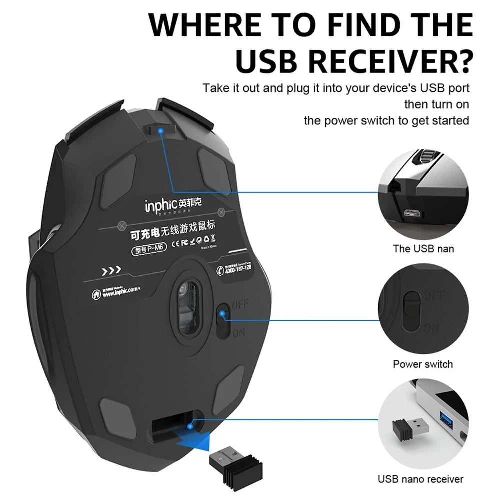 Bluetooth Compatible Mouse Rechargeable 2.4G INPHIC Wireless Mouse Office Mute Support PC Laptop Tablet Smartphone Universal