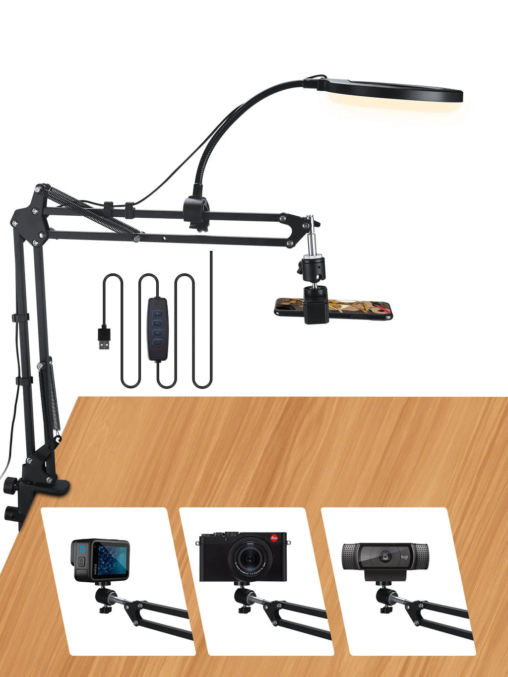 Desktop live fill light multi-functional beauty photography selfie food makeup telescopic tilt camera phone stand