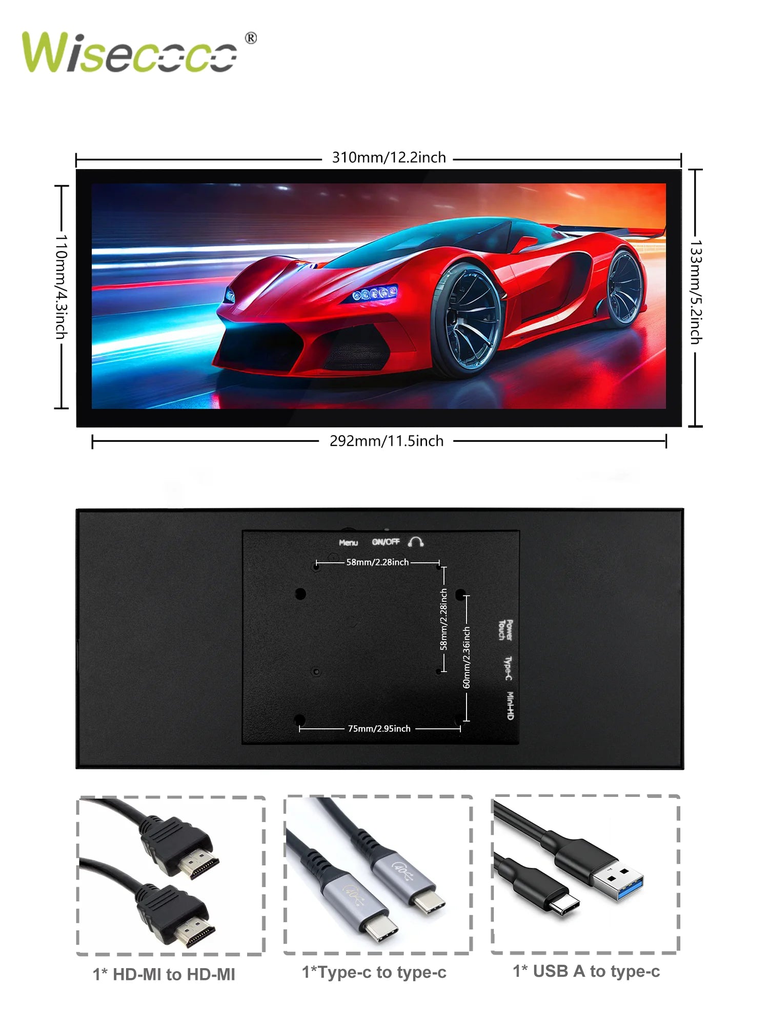 Wisecoco 12.3/11.3'' 1920x720 Touch Portable Monitor Stretched Bar Screen Gaming Monitor Not support AMD integrated graphics