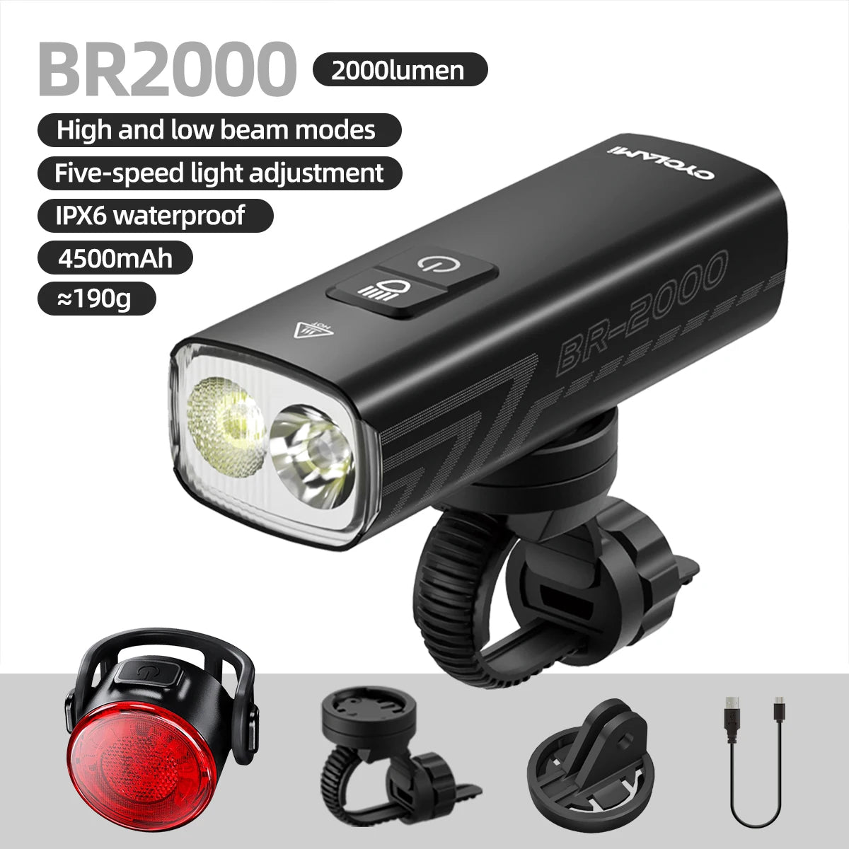 2000 Lumens CYCLAMI Bike Headlight Bicycle Flashlight Handlebar Type-C MTB Road Highlight BR2000 Front Lamp Light Aluminum Alloy