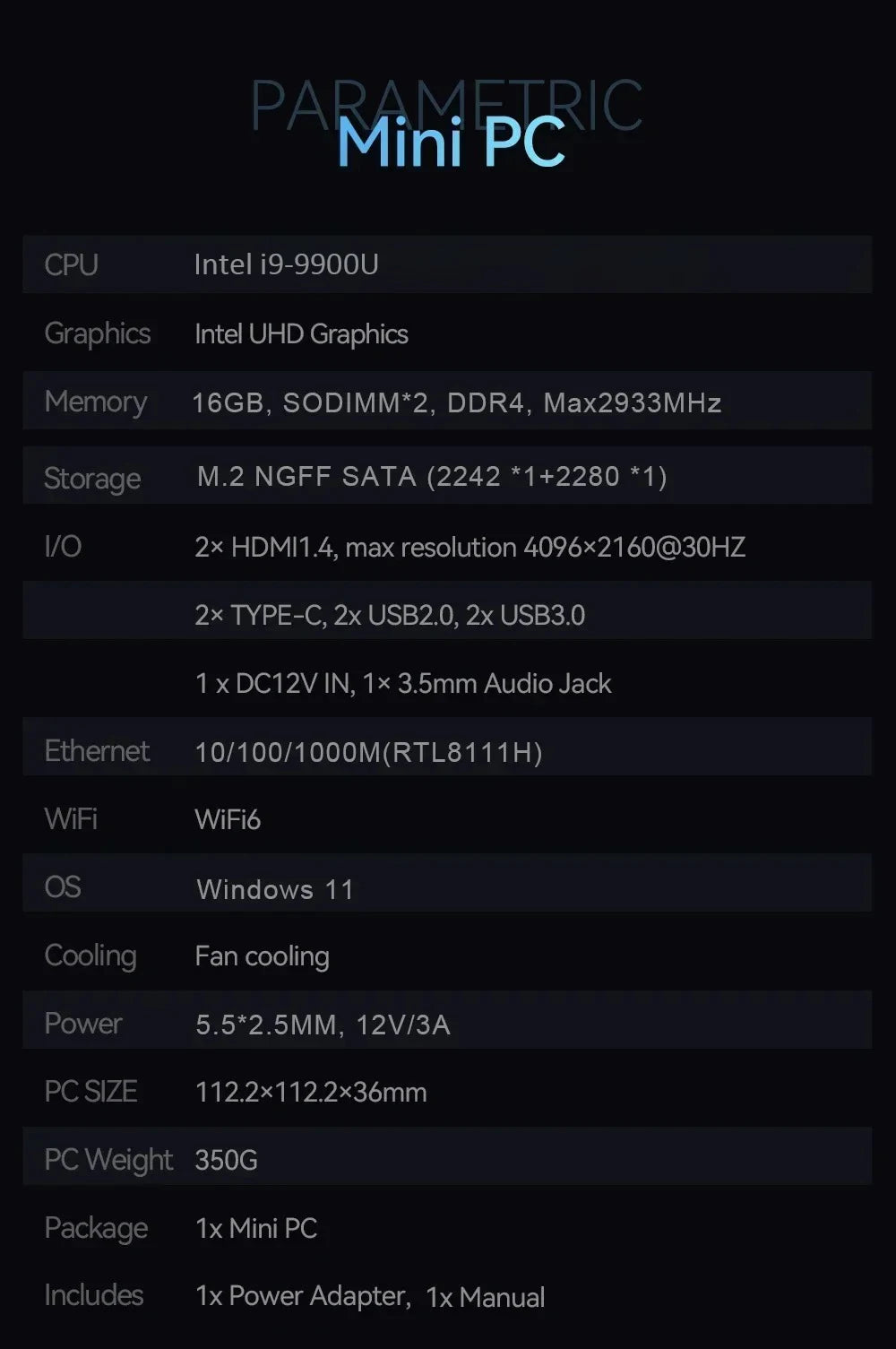 Portable Gamer Desktop Mini PC Intel Core i9 9900U 16G RAM 1TB SSD Windows 11 Wifi6 Mini Computer Business Office Desktop PC