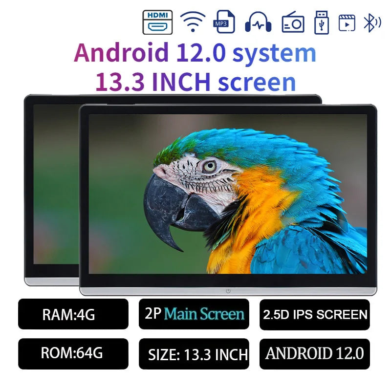 13.3/14" Car Headrest Monitor Display IPS Android 12 2G+32G/4G+64G/8G+128G Touch Screen For Car Rear Seat Player Dual HDMI Music