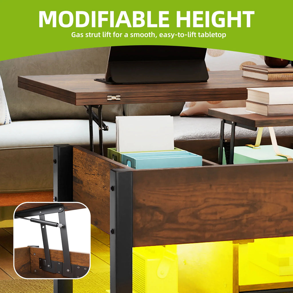 YITAHOME Vintage Brown 4-in-1 Coffee Table - Adjustable Height, Converts to Dining Table with Storage & LED Lighting