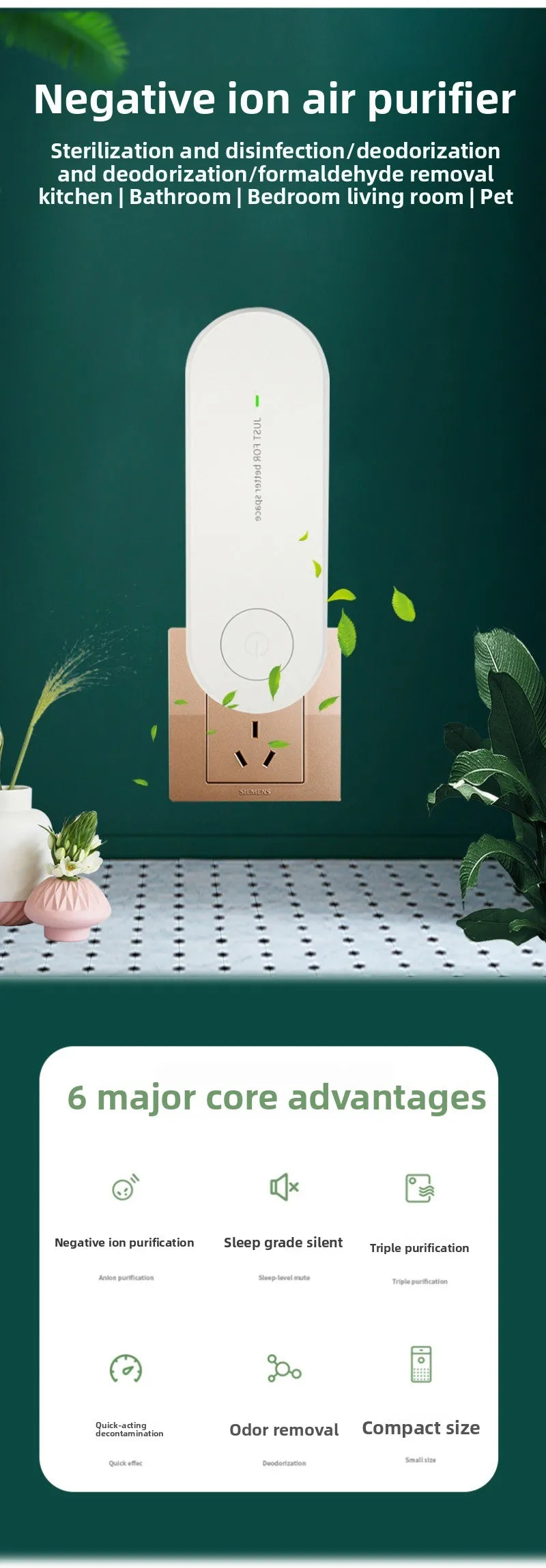 Negative Ion Air Purifier Plug-in Portable Negative Ion Generator for Rooms with Odors Smoke PM 2.5 Toilet Kitchen Air Purifier
