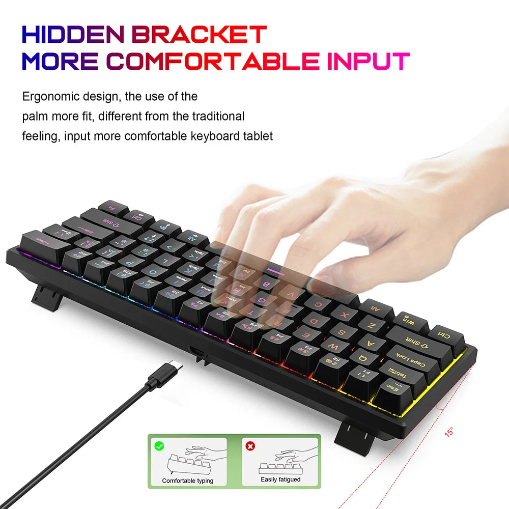 61 Keys Mechanical Keyboard Wired Gaming Keyboard Portable Ergonomics Keyboard Hot-Swappable RGB Backlit Cyan Axis Keycap For PC
