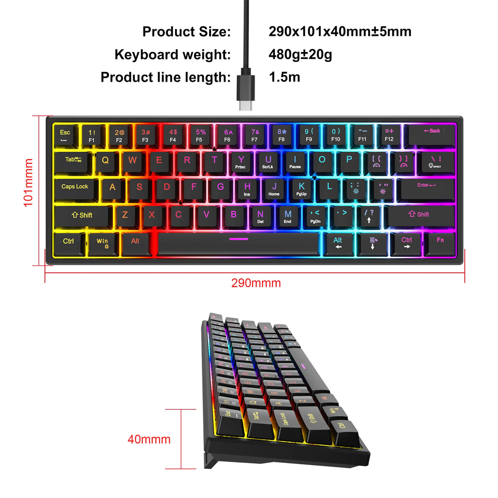 61 Keys Mechanical Keyboard Wired Gaming Keyboard Portable Ergonomics Keyboard Hot-Swappable RGB Backlit Cyan Axis Keycap For PC