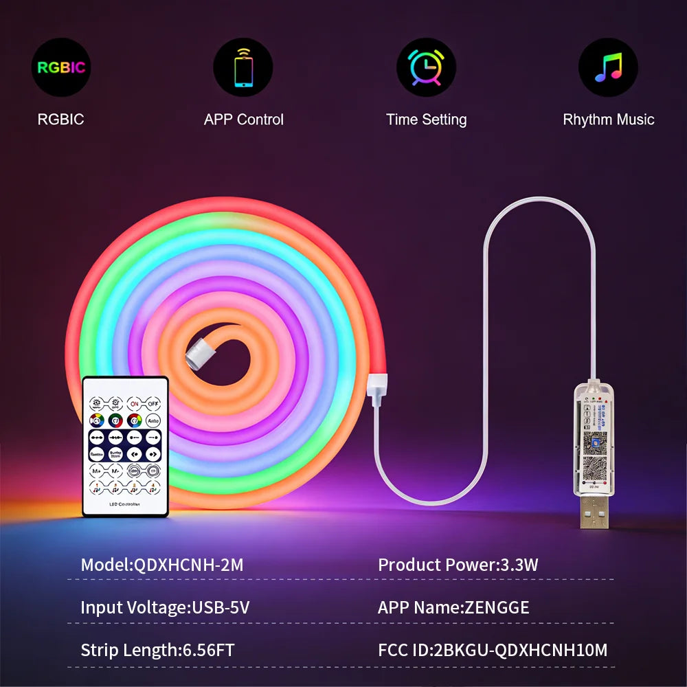 LED Neon Light Strip RGBIC USB with Bluetooth APP Control Music Sync Waterproof Flexible Suitable for Game Room Party Decoration