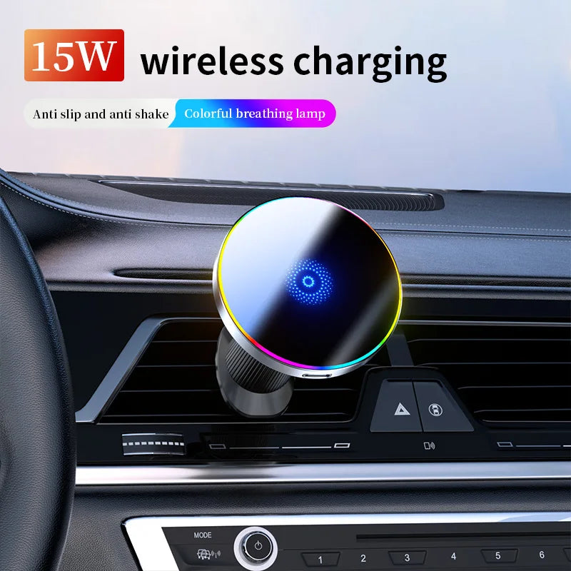 Car Magnetic Phone Holder Magnetic Wireless Car Charger Mount 15W Magnetic RGB LED Lights Magsafe Charger Base Accessories Phone