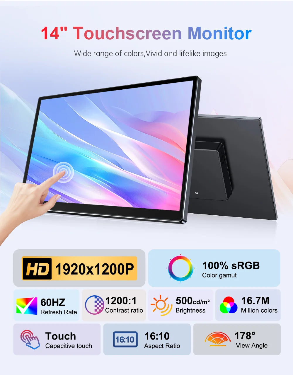 14 inch Portable Monitor Touch Screen with 1920X1200 IPS Office Computer Second Display for Laptop Phone CCTV DIY Car Syteam