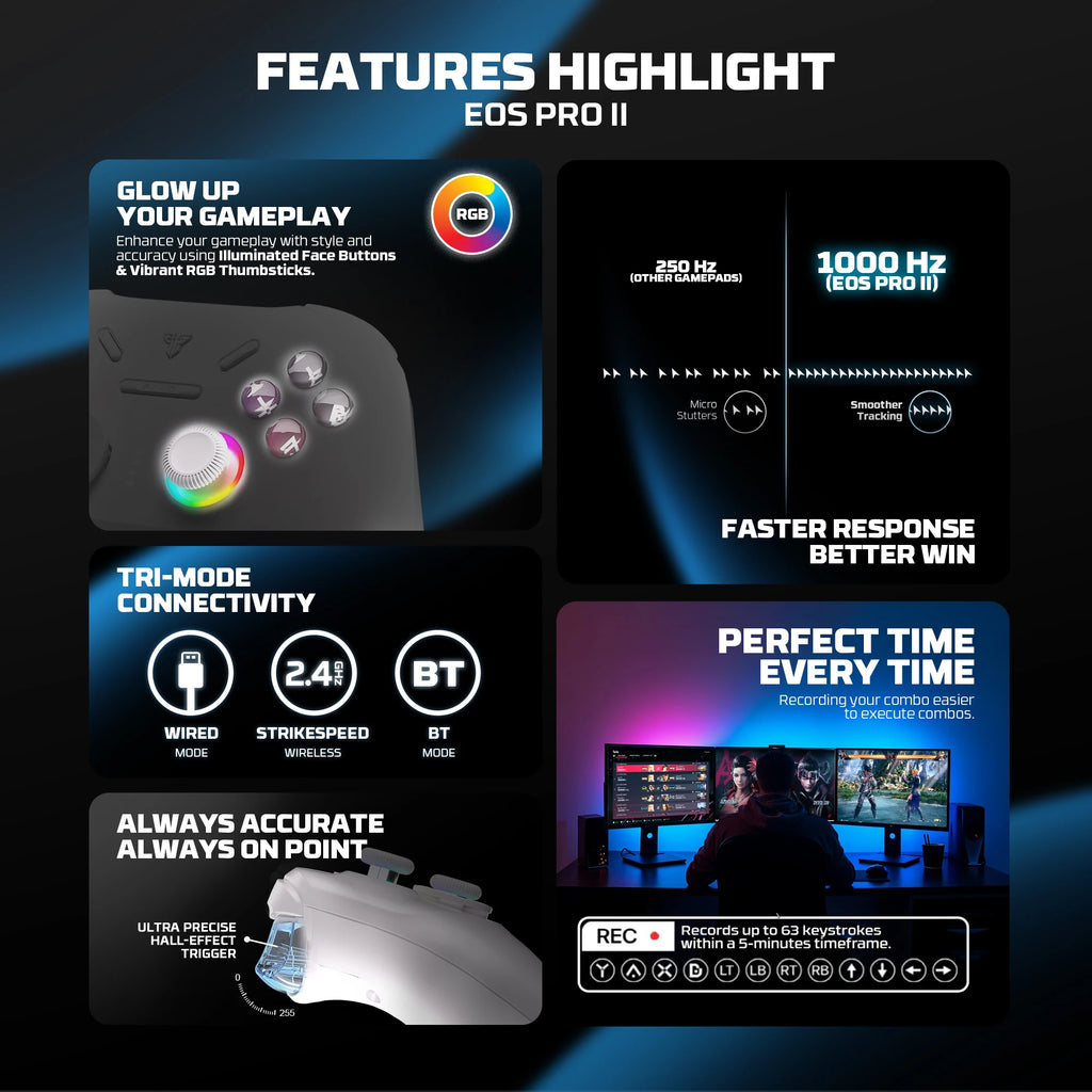 FANTECH EOS PRO II Wireless Gamepad Hall Effect Joysticks Triggers RGB Light Gaming Controller With New Upgrade 1000hz