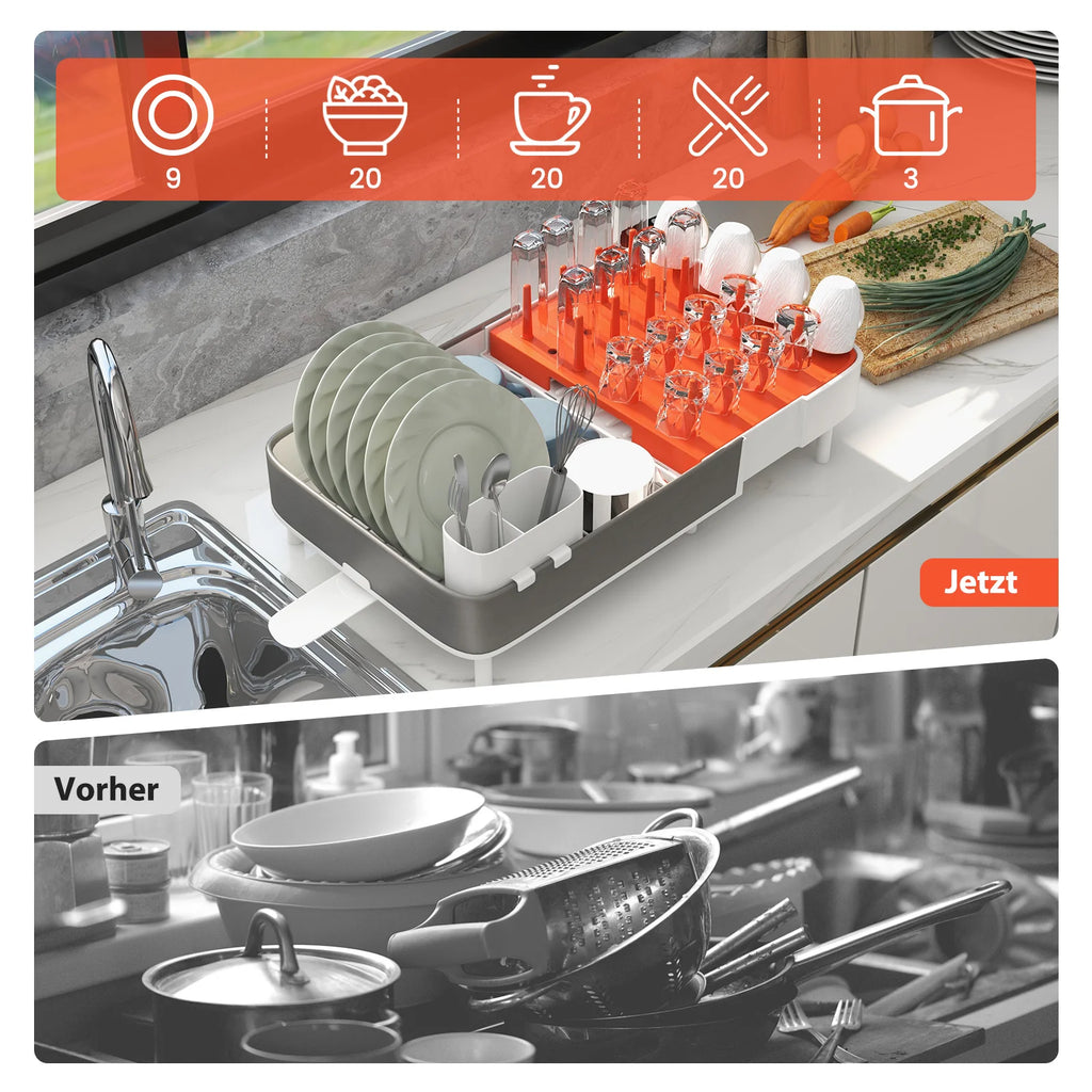 Adjustable Drainer Rack, Expandable Dish Rack with Removable Cutlery Holder & Cup Holder, 360 ° Rotating Outlet