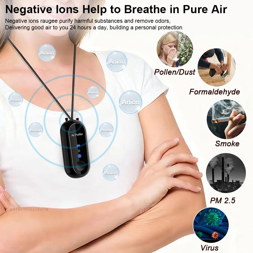 Air Purifier Negative Ion Generator Mini Hanging Neck Air Purifier Portable Air Freshener for Car Home Smoke PM2.5 Virus Remover
