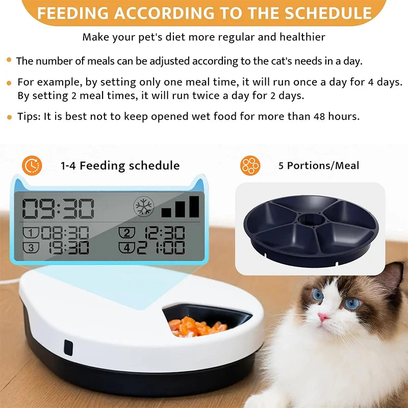 Automatic Pet Feeder with Cooling, Wet Food Dispenser, 5 Meal Timer, Semiconductor Refrigeration, Keeps Food Fresh for 12H