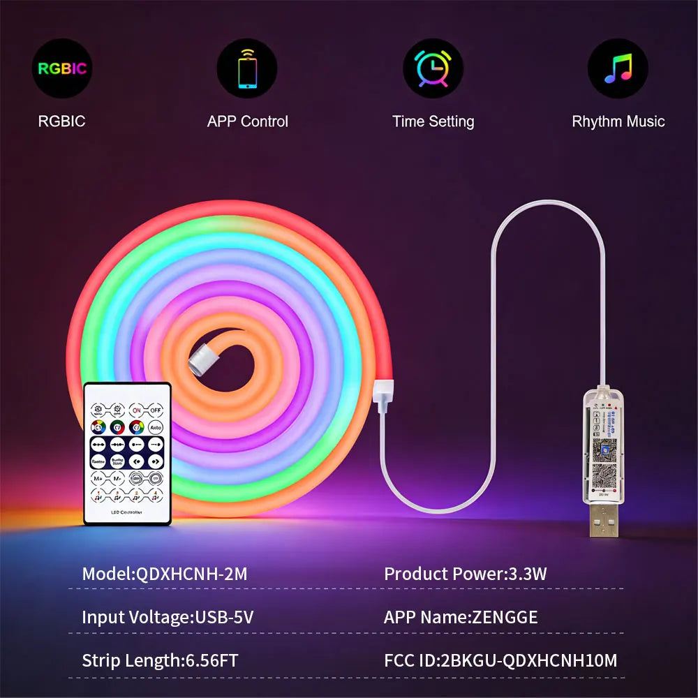 LED Neon Light Strip RGBIC USB with Bluetooth APP Control Music Sync Waterproof Flexible Suitable for Game Room Party Decoration