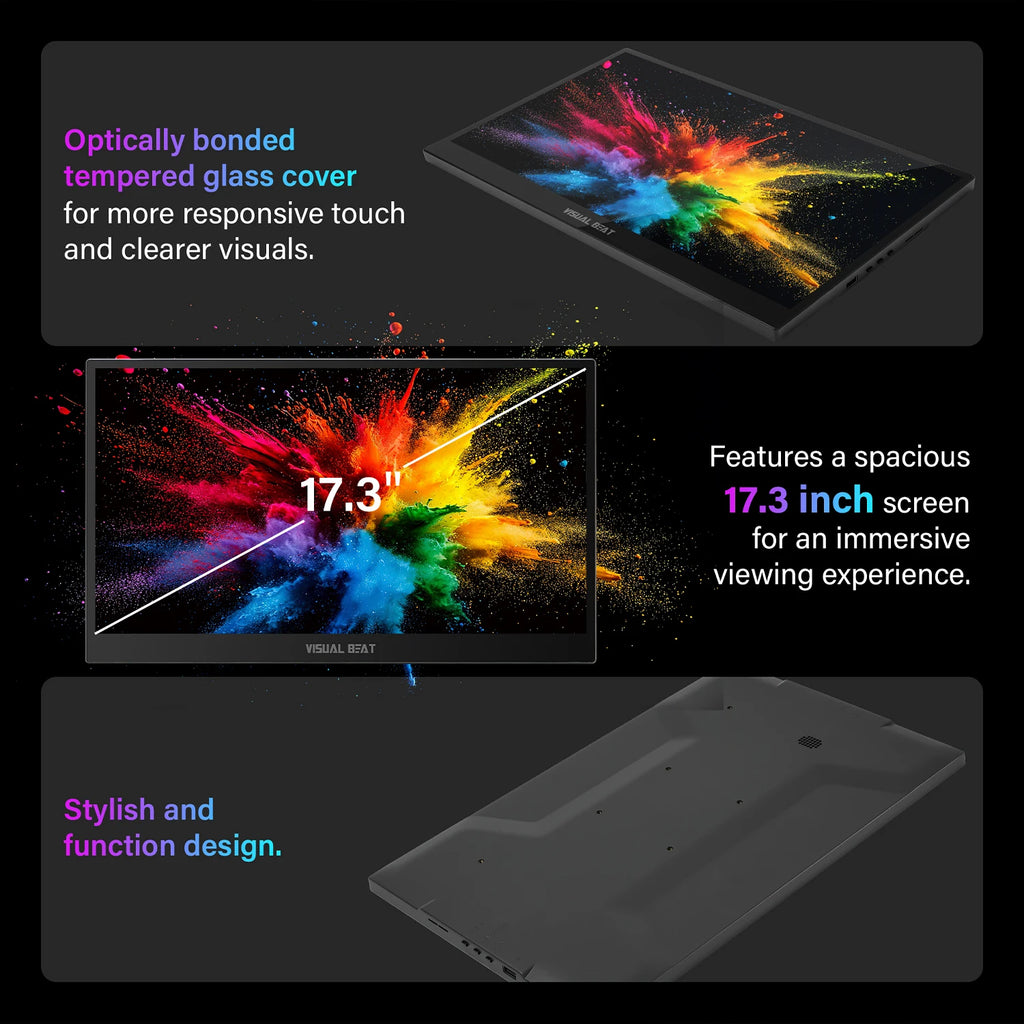 17.3inch 4K Portable TouchScreen Monitor, 500Nits 100% AdobeRGB IPS HDR Travel Display, USB, Type-C & HDMI, Dual Speakers, VESA