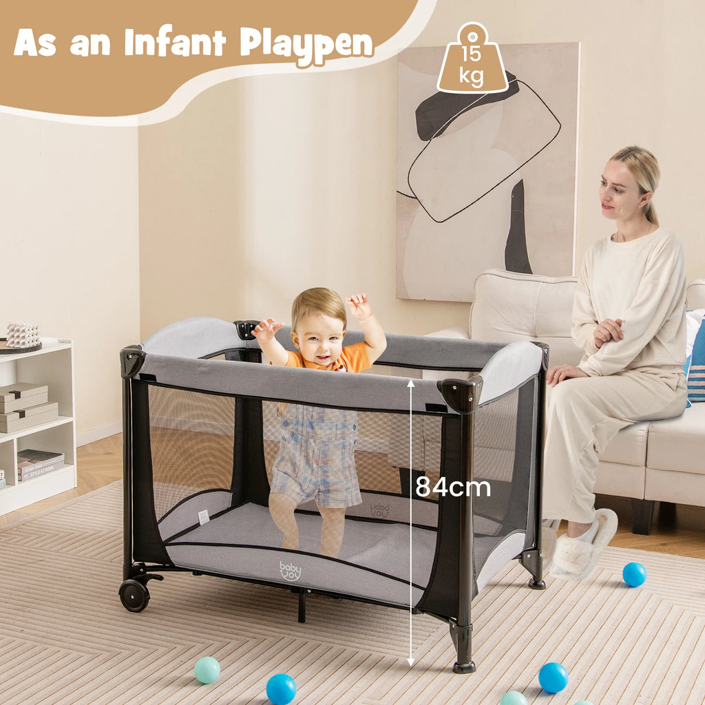 5-in-1 Side Bed with Wheels, Foldable Travel Cot with Mattress, 2 Levels Cot with Changing Mat & Storage Basket