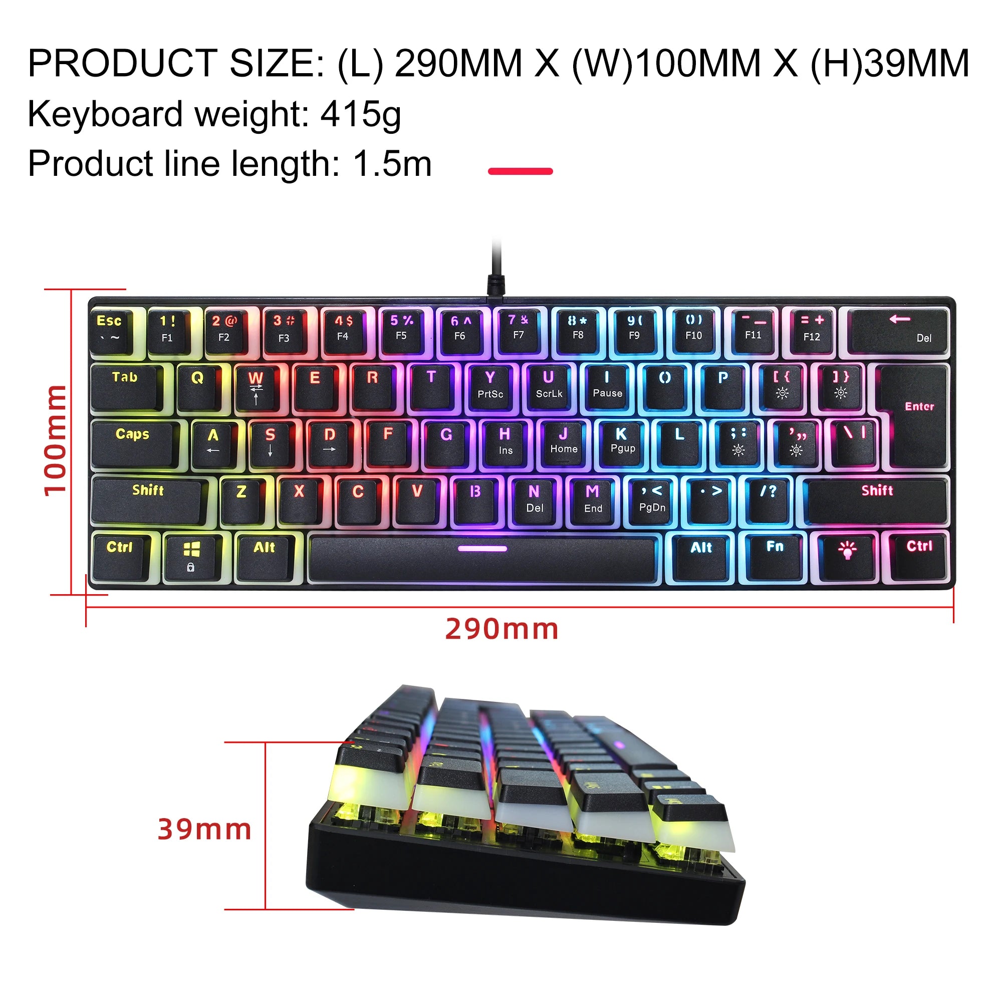 61 Keys Wired Mechanical Keyboard Blue Switch Two-color Injection Pudding Key Cap RGB Backlight For Game Office Home